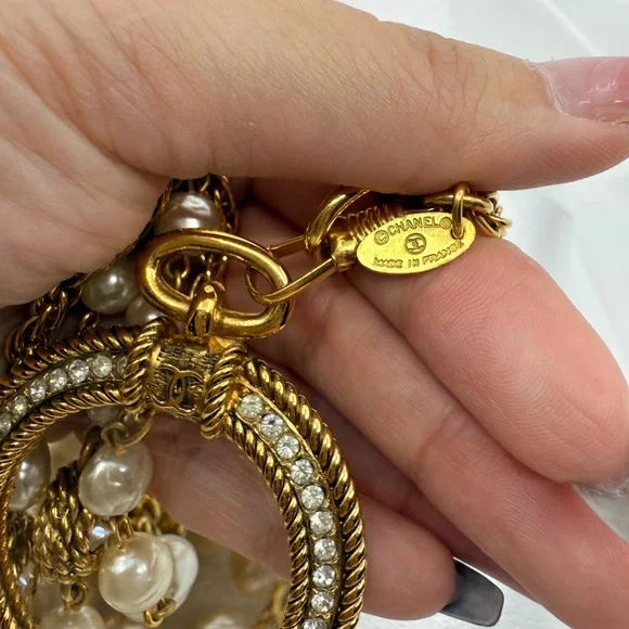 Chanel Vintage Pearl Crystal  Magnifying Glass Pendant Necklace XL - Picture 4 of 12